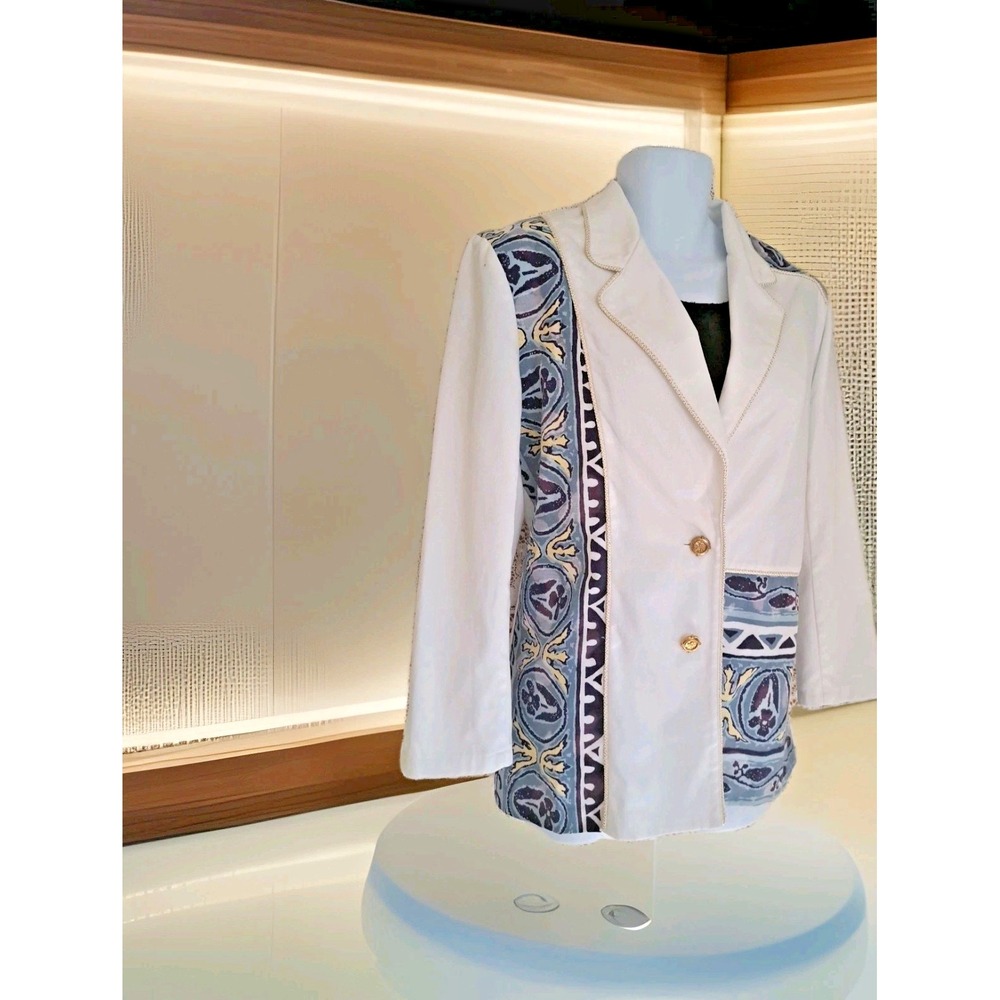 N Touch Blazer 14 White/Blue Gold Trim‎ 2 Button Artsy Boho Festival USA Made